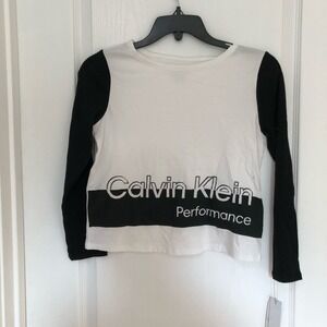 Calvin Klein Performance Girls Long‎ Sleeve Logo Shirt White Black Medium 8/10